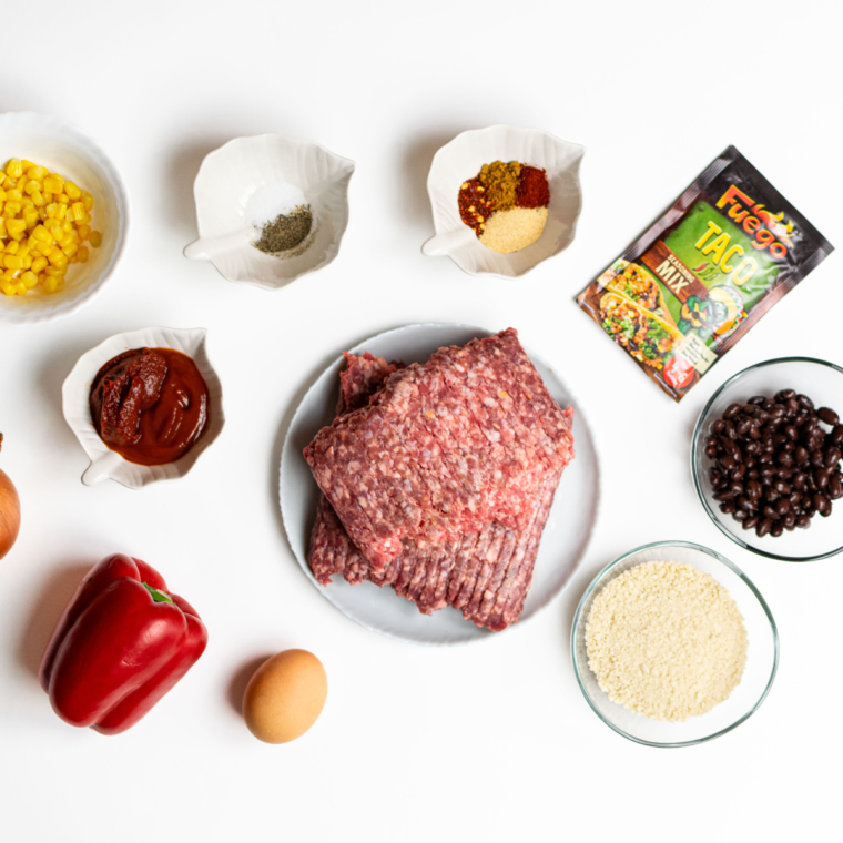 Ingredients needed for Air Fryer Southwest Meatloaf on kitchen table.