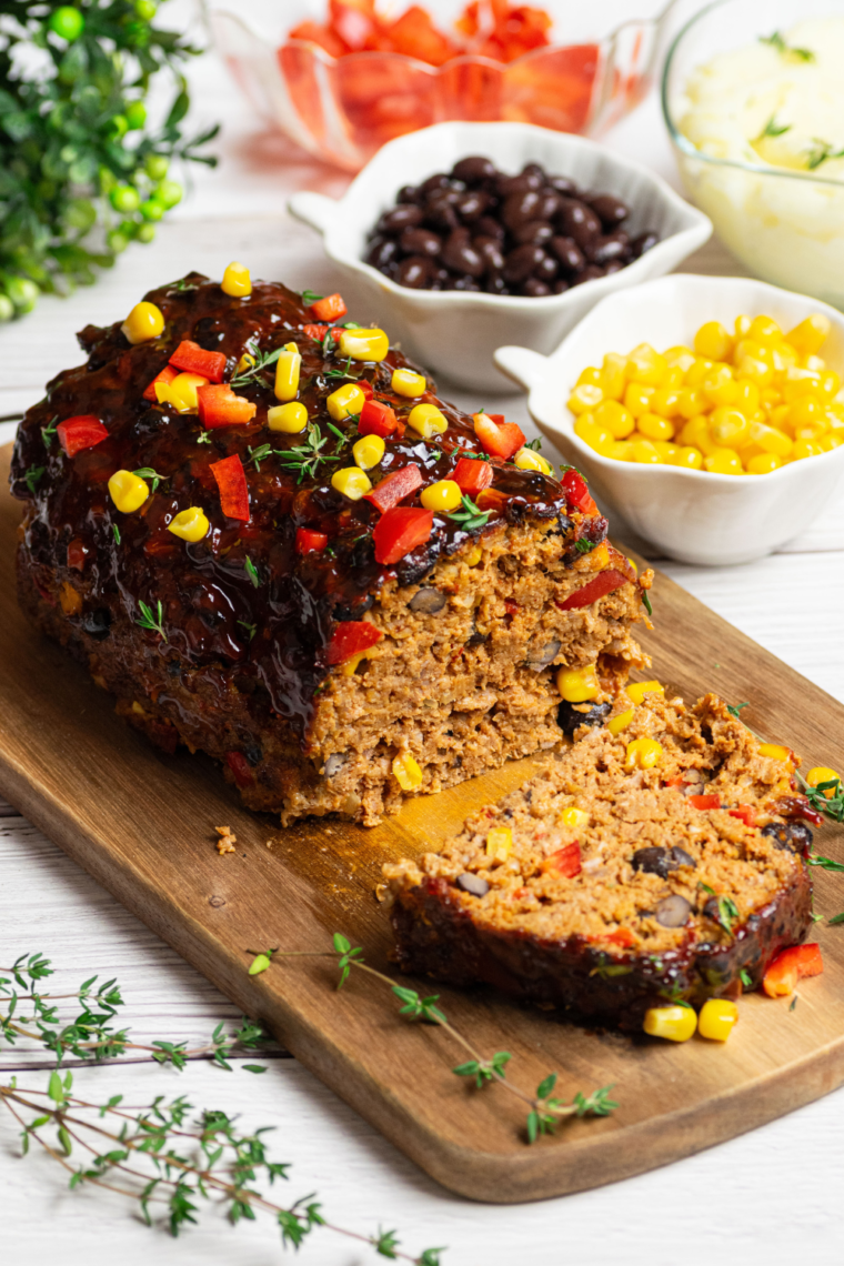 Air Fryer Southwest Meatloaf with a spicy glaze, loaded with ground beef, black beans, and colorful vegetables, served fresh from the air fryer.