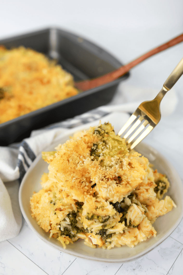 Air Fryer Chicken and Broccoli Casserole with a creamy sauce, tender chicken, broccoli, and a golden, cheesy topping.