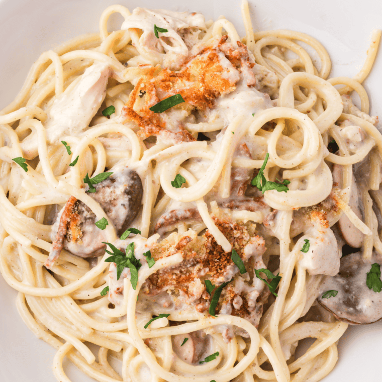 Air Fryer Chicken Tetrazzini served with a crispy golden breadcrumb topping and a creamy, cheesy sauce.