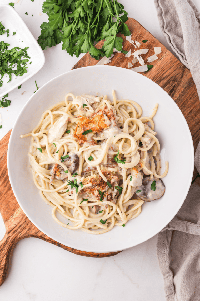 Air Fryer Chicken Tetrazzini with a crispy golden topping and creamy, cheesy pasta.