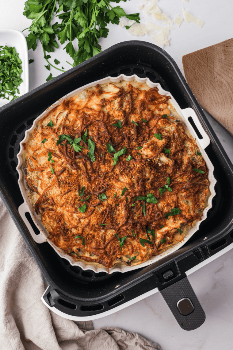 Air Fryer Chicken Tetrazzini served with a golden, crispy topping and creamy pasta.