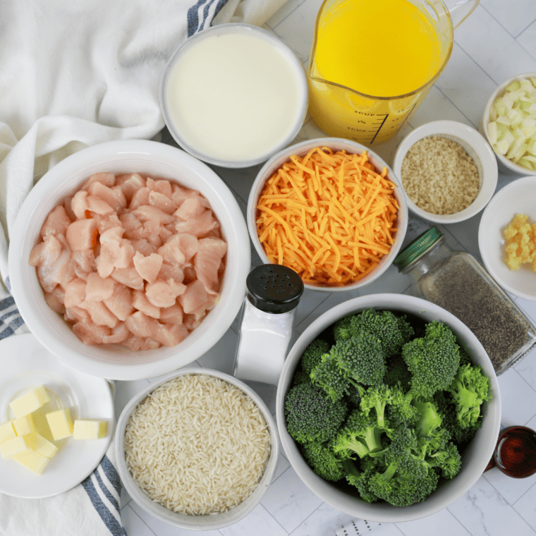 Ingredients needed for Air Fryer Chicken And Broccoli Casserole on kitchen table.