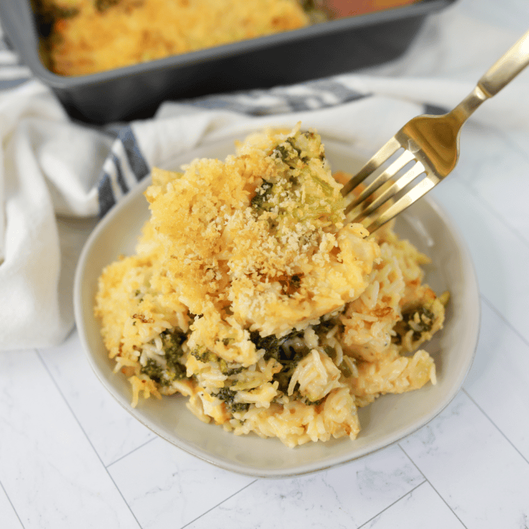 Air Fryer Chicken and Broccoli Casserole with a golden, bubbly cheesy topping.