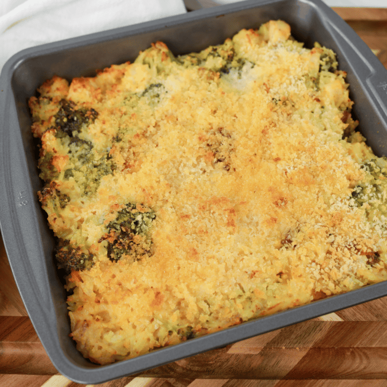 Air Fryer Chicken and Broccoli Casserole with creamy sauce, tender chicken, broccoli, and a golden, cheesy topping.