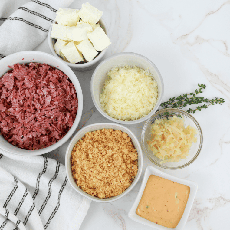 Ingredients needed for Air Fryer Reuben Fritters on kitchen table.