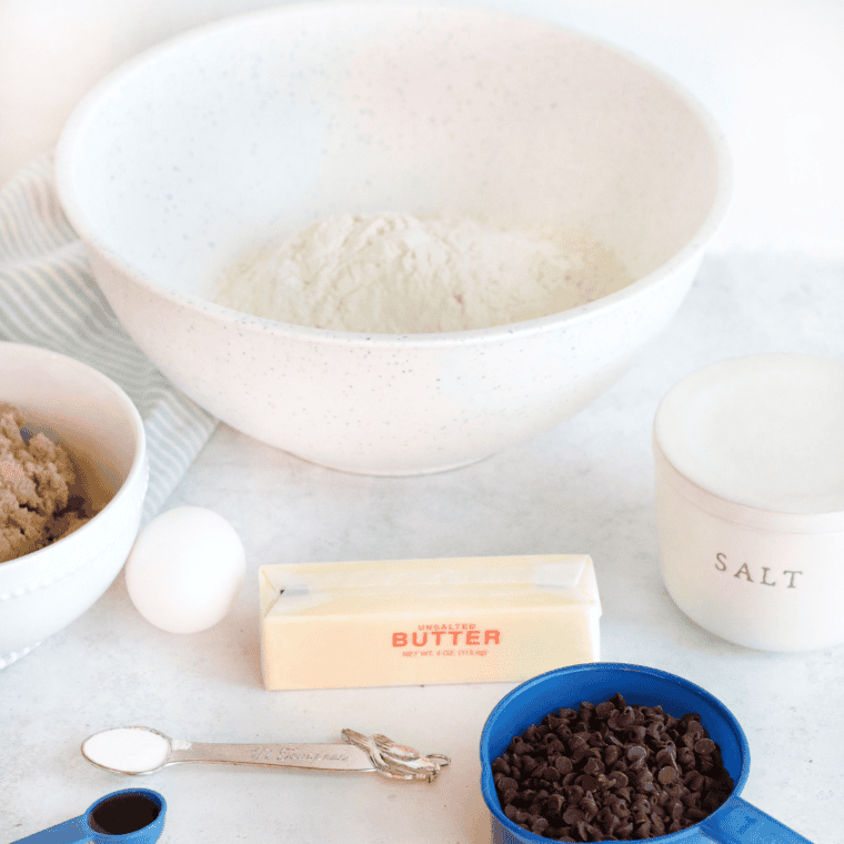 Ingredients needed for Brown Butter Peanut Butter Cookies on kitchen table.