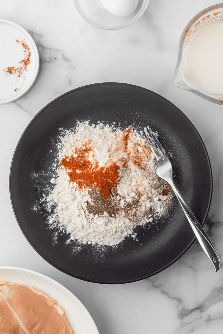 Mixing flour, paprika, garlic powder, salt, pepper, onion powder, and baking powder in a shallow bowl for air fryer chicken.