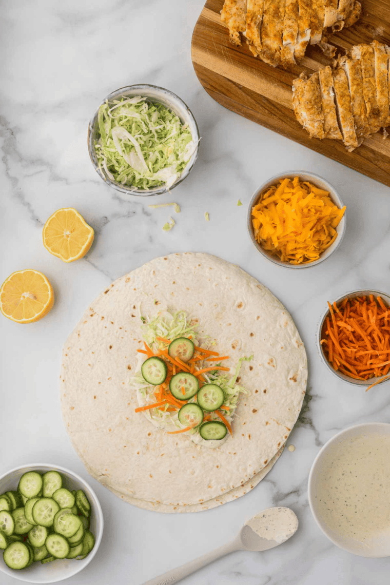 Spreading dressing on tortillas, layering with vegetables, cheese, and sliced crispy chicken.