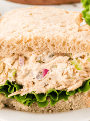 Flaky croissant filled with creamy homemade La Madeleine-style chicken salad with almonds and fresh ingredients.