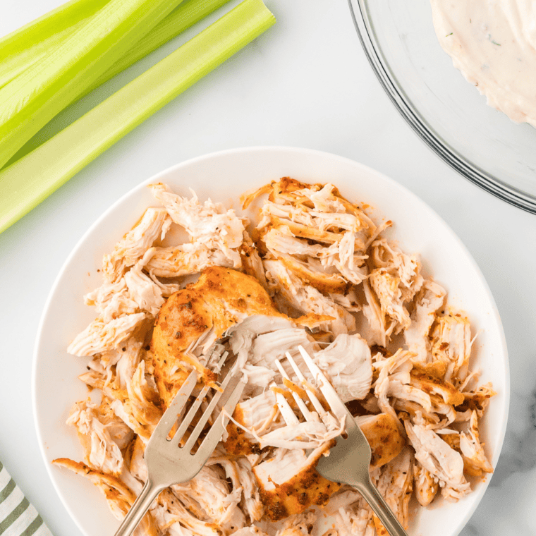 Mixing shredded chicken with mayo, mustard, and seasonings for salad.