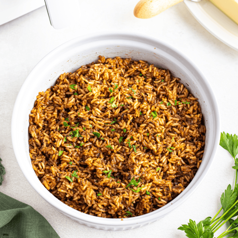 Serving of Copycat Popeyes Cajun Rice, seasoned with bold Cajun spices and savory vegetables.