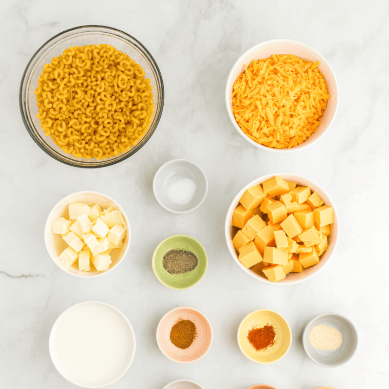 Ingredients needed for Mike’s Farm Macaroni and Cheese on kitchen table.