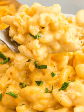 Mike’s Farm Macaroni and Cheese served in a bowl with a creamy cheese sauce and baked to perfection.