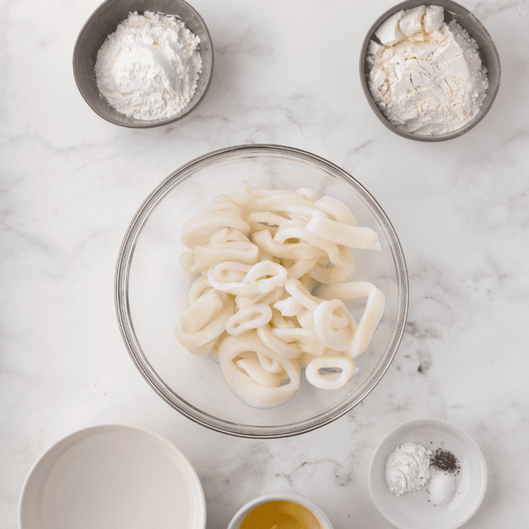 Ingredients needed for Olive Garden Calamari Copycat on kitchen table.