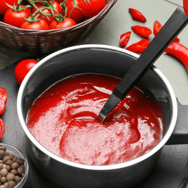 A saucepan with ketchup, brown sugar, and Worcestershire sauce being whisked together over medium heat.