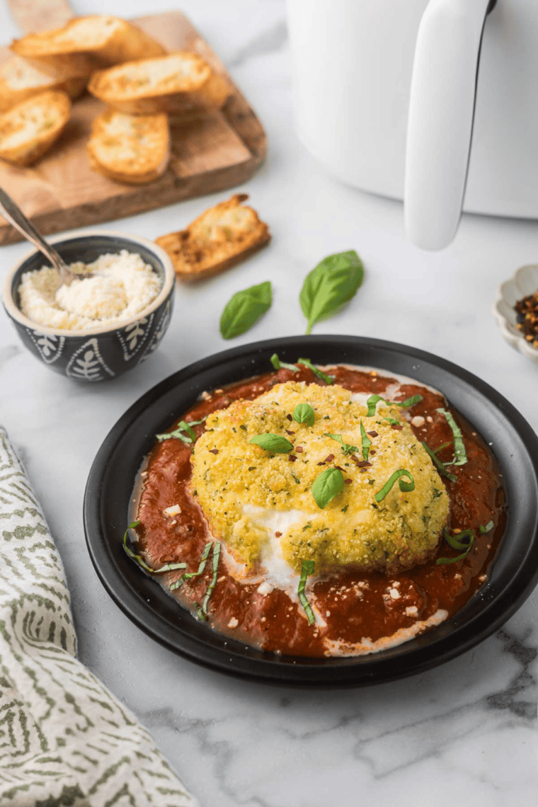 Golden, crispy air fryer burrata cheese ball served with marinara sauce and fresh basil.