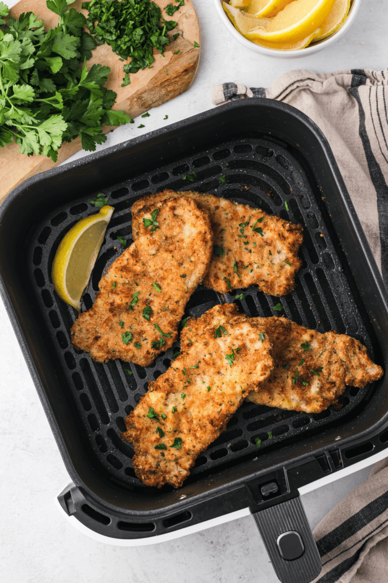 Golden-brown Air Fryer Veal Scaloppine with crispy breadcrumb coating.