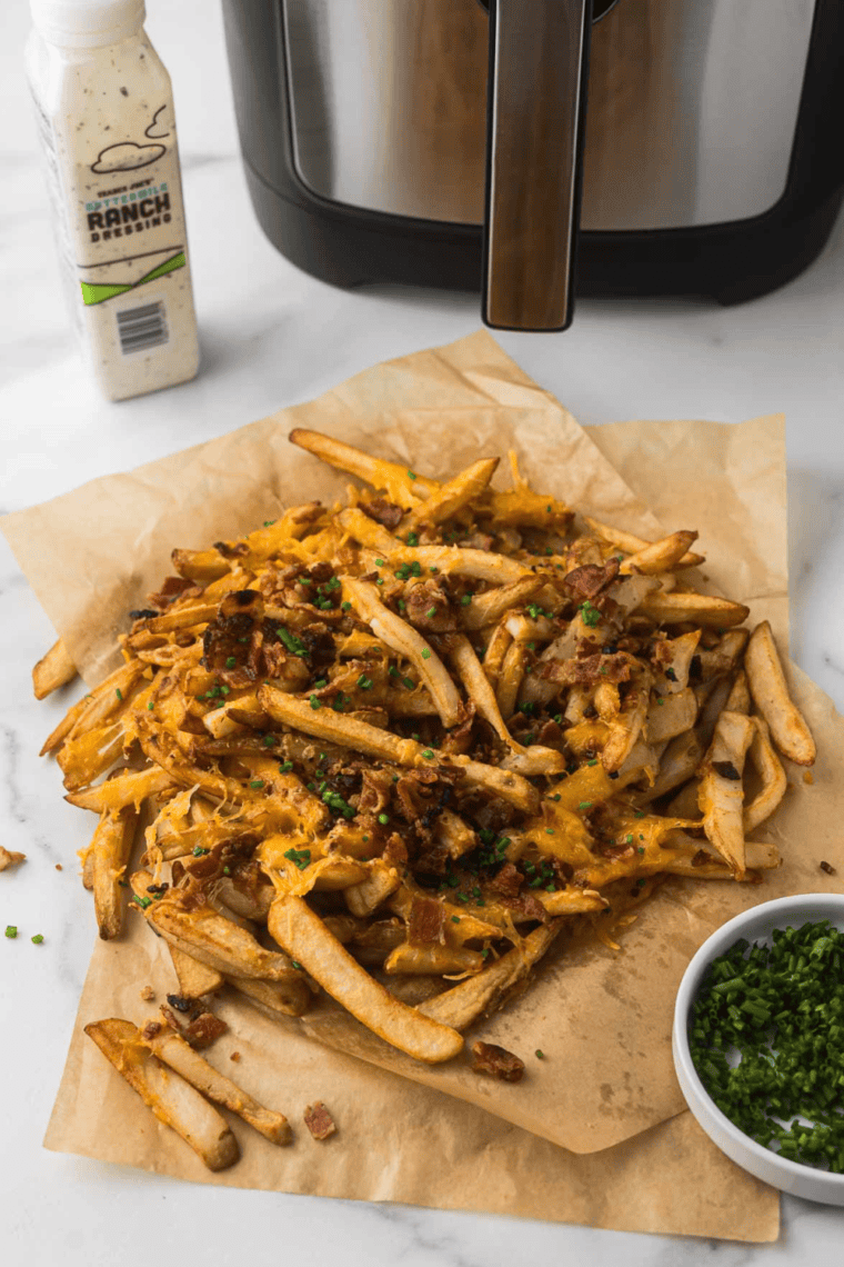 Air fryer Texas Cheese Fries topped with melted cheddar, Monterey Jack cheese, crispy bacon, and seasonings, served with a side of ranch dressing.