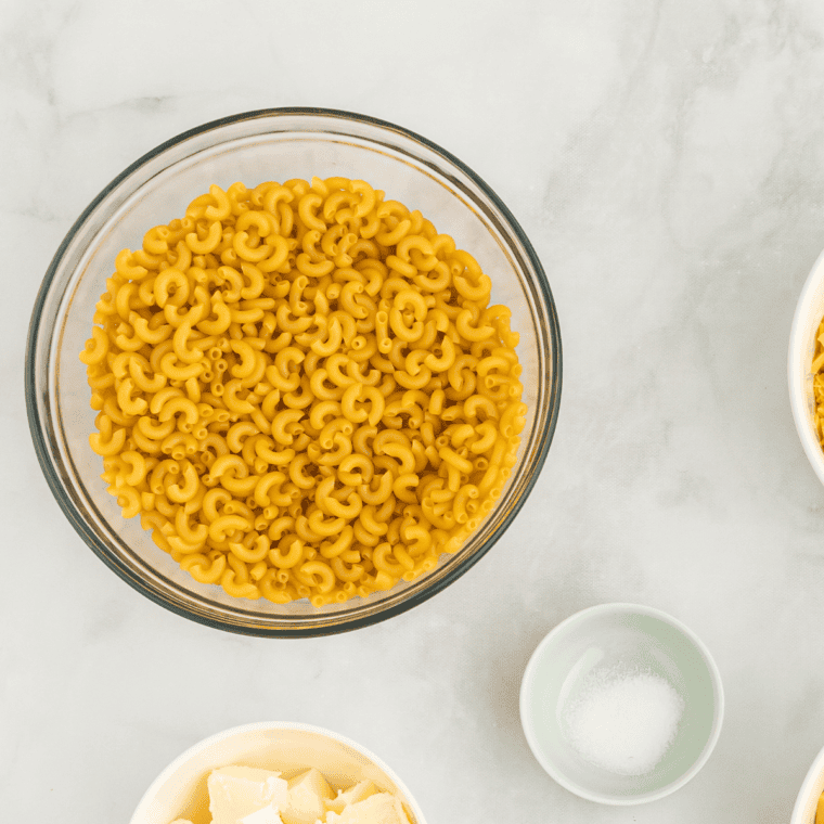 Ingredients for Copycat KFC Mac and Cheese: macaroni, cheese, milk, butter, and more.