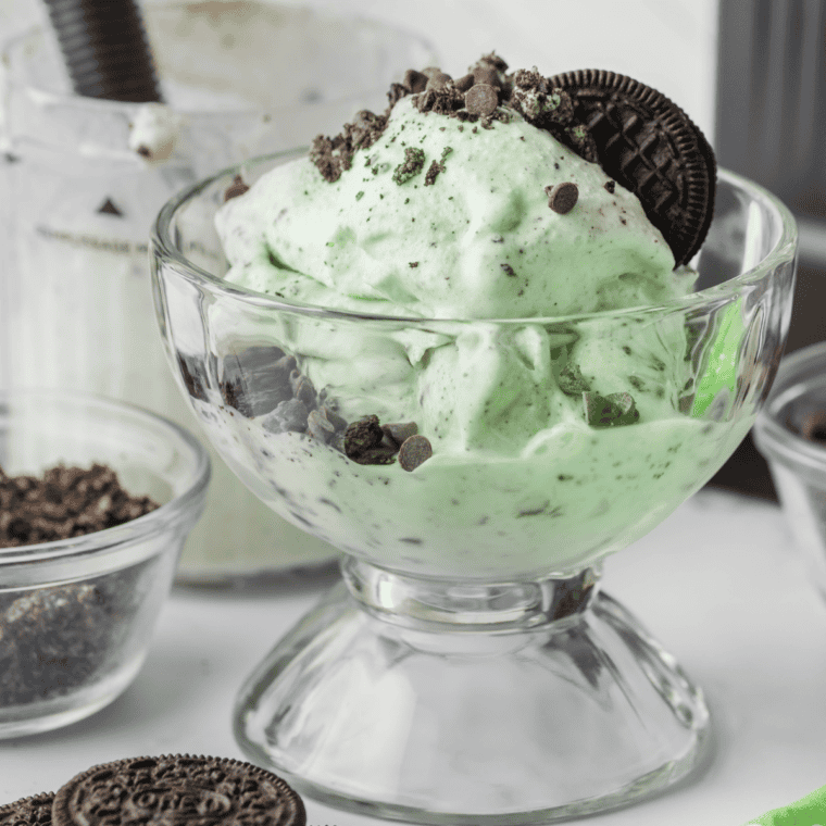 A bowl of Ninja Creami Mint Oreo Blizzard with mint ice cream and Oreo cookie chunks.