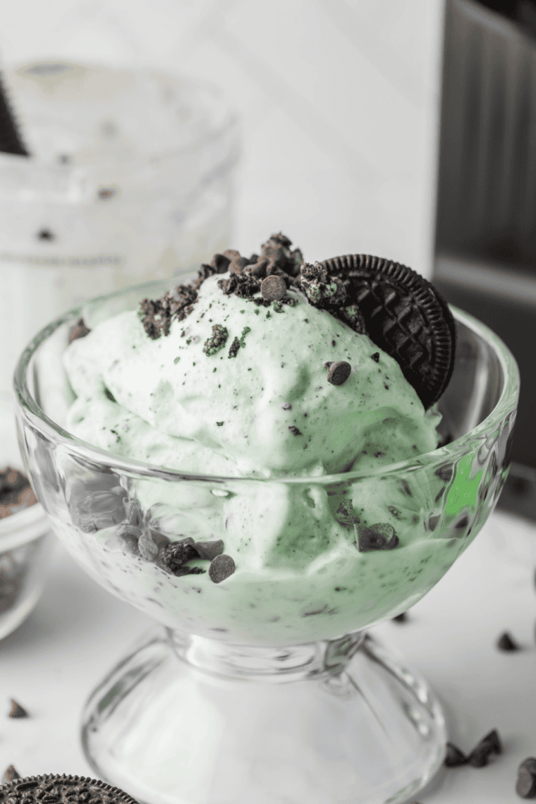 Homemade Ninja Creami Mint Oreo Blizzard with mint ice cream, crushed Oreos, and chocolate chips.