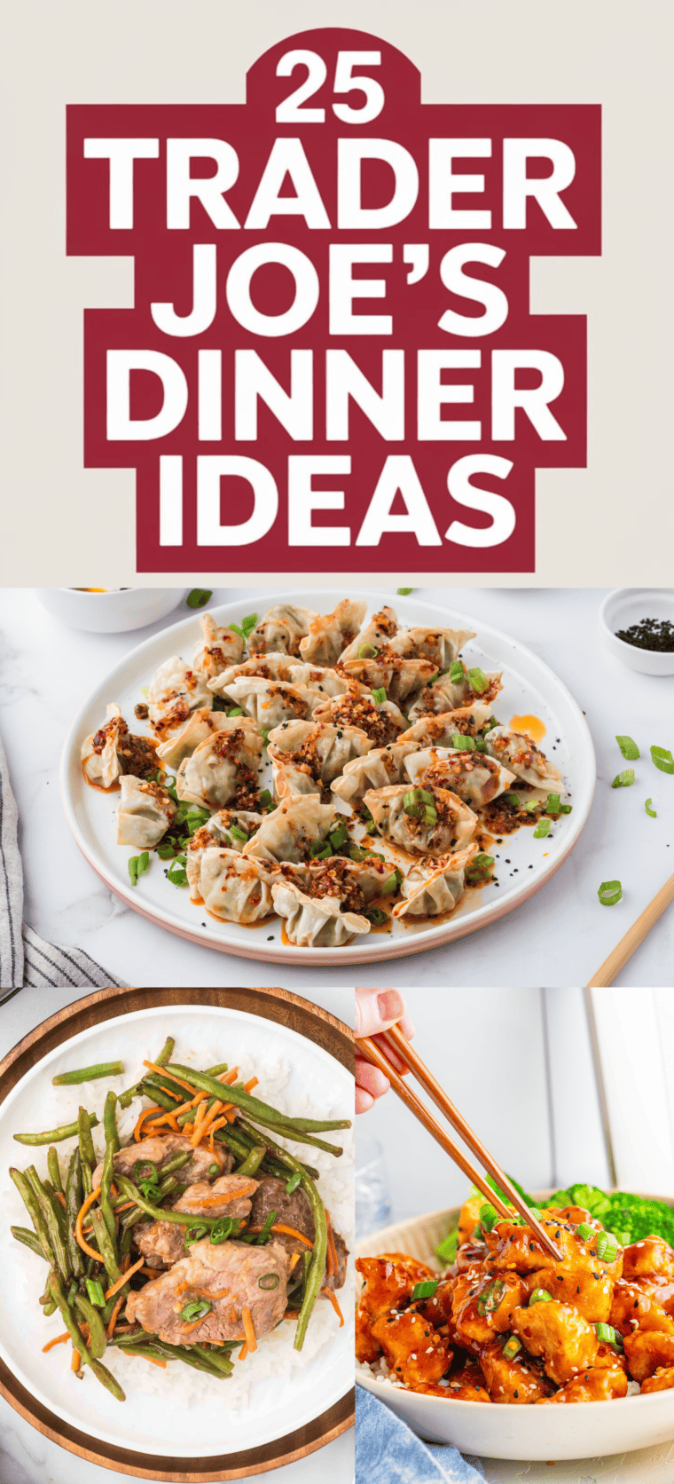 A variety of Trader Joe’s dinner ingredients and prepared meals displayed on a kitchen counter