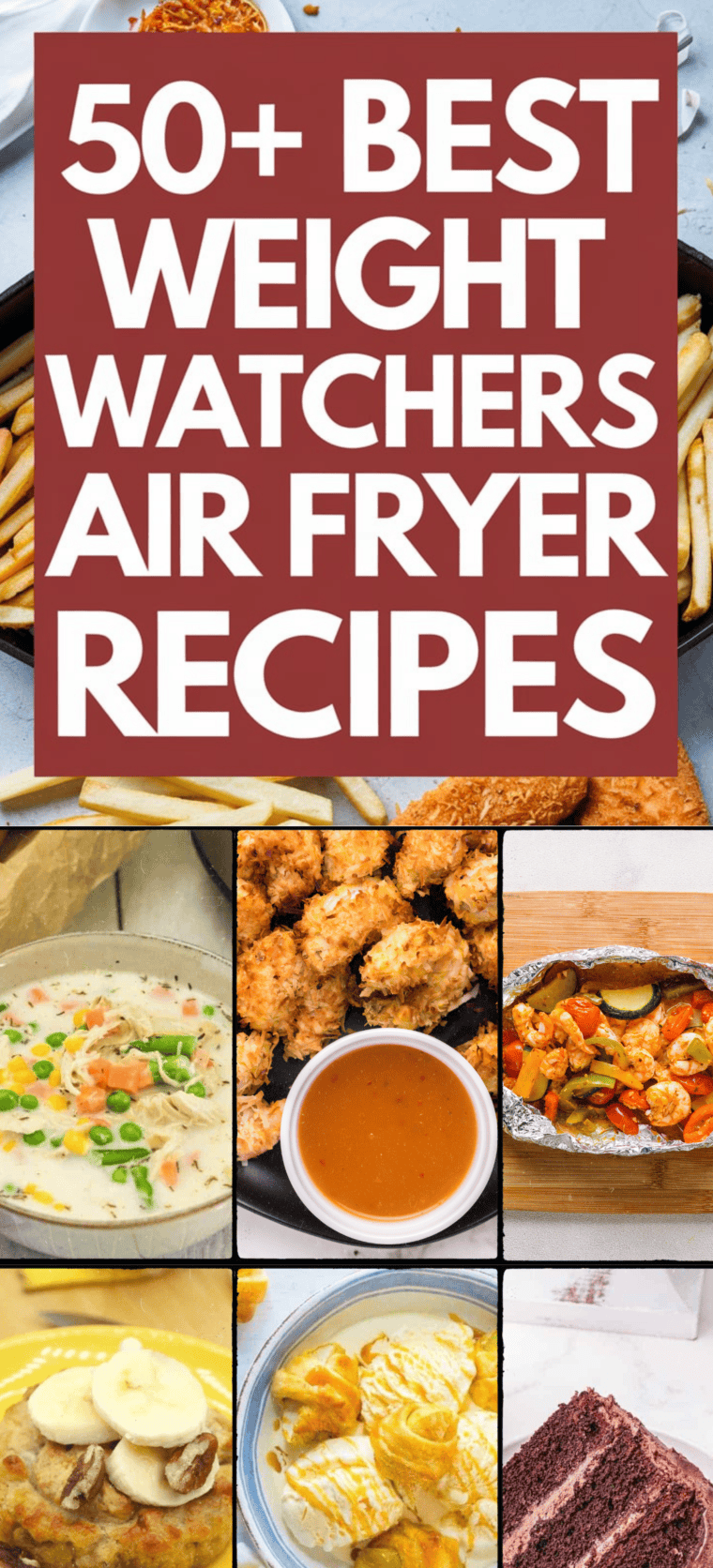 Assortment of healthy air fryer dishes including vegetables, chicken, and seafood, ideal for Weight Watchers meals