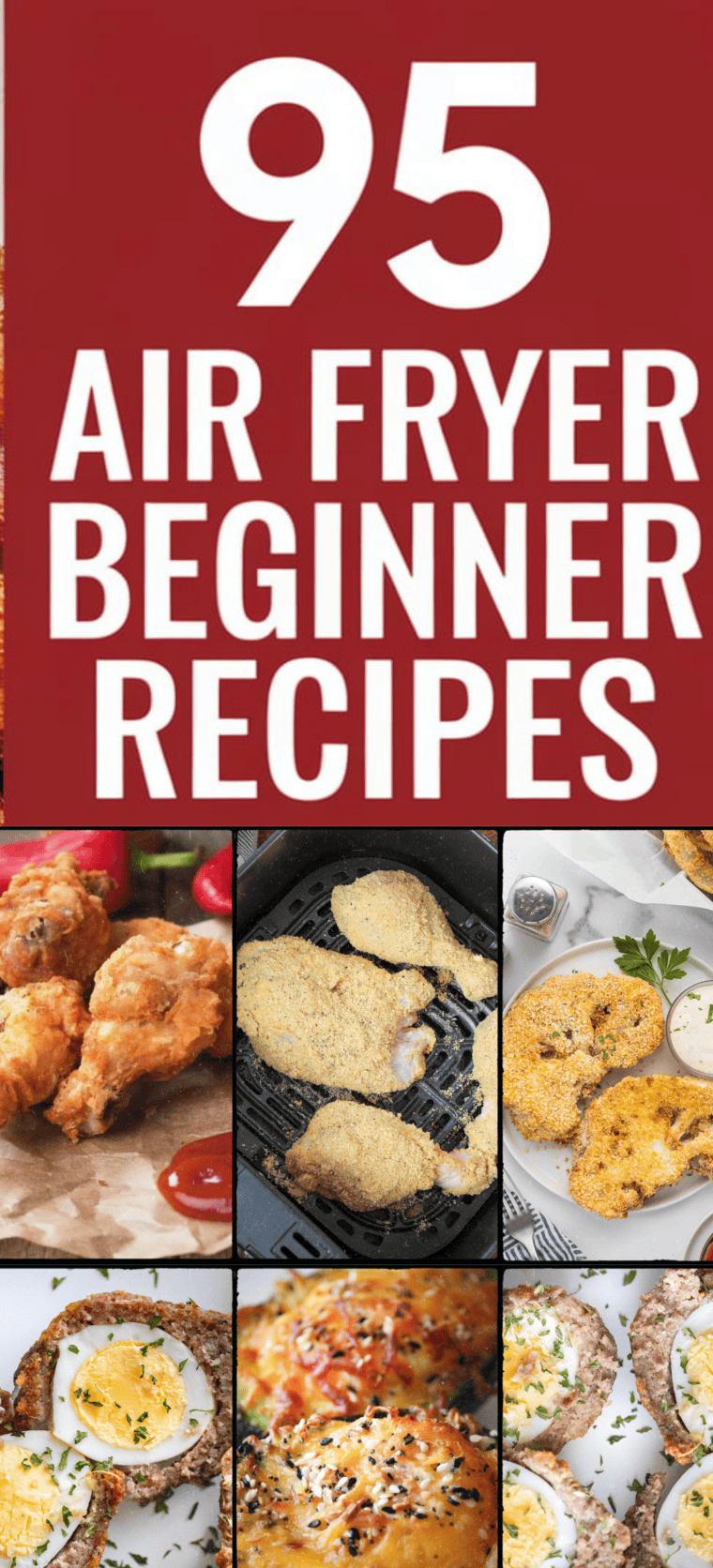 Assortment of beginner air fryer recipes including vegetables, chicken, and fries arranged on a kitchen table