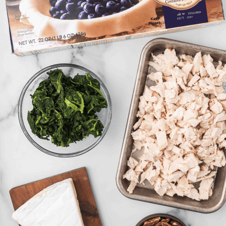 Ingredients needed for Air Fryer Rustic Chicken Tart on kitchen table.