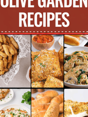 Homemade copycat Olive Garden dishes including pasta, soup, salad, and breadsticks served on a rustic table