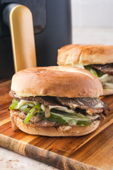 Air Fryer Philly Cheesesteak Bagel Sandwich