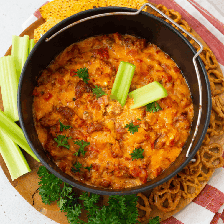 Air Fryer Chorizo Pimento Cheese Dip with melted cheese and spicy chorizo.