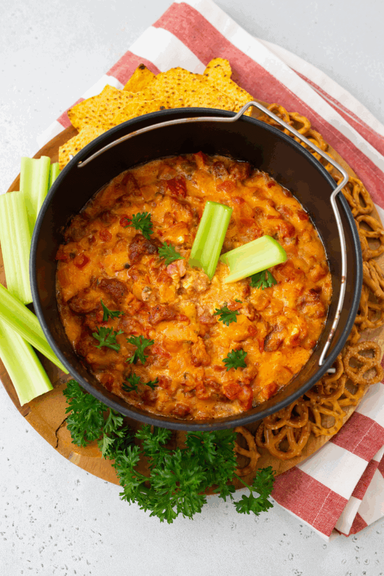 Air Fryer Chorizo Pimento Cheese Dip with chorizo, pimento cheese, and salsa.