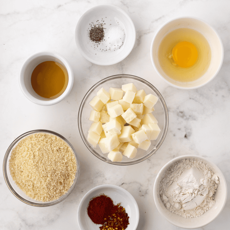 Ingredients needed for Air Fryer Crispy Halloumi Bites on kitchen table.