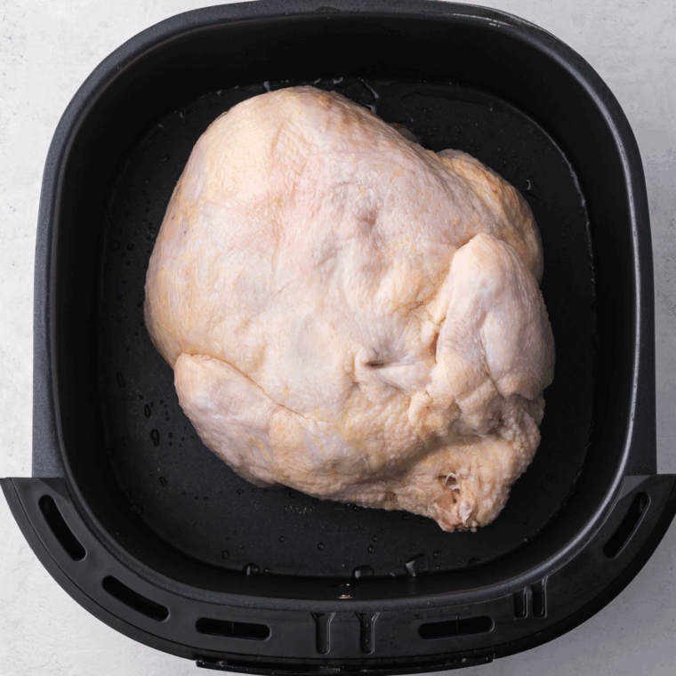 Frozen whole chicken placed breast side down in air fryer basket, beginning to thaw and cook at 360°F.