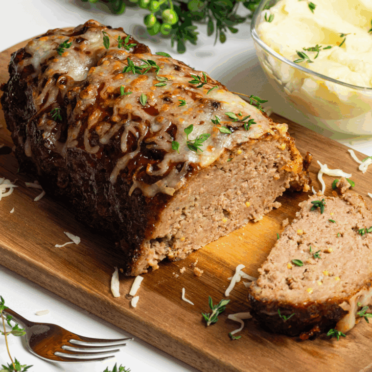 Air Fryer Guinness Cheddar Meatloaf with rich beer flavor and melted cheddar cheese.