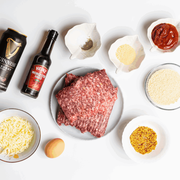 Ingredients needed for Air Fryer Guinness Cheddar Meatloaf on kitchen table.