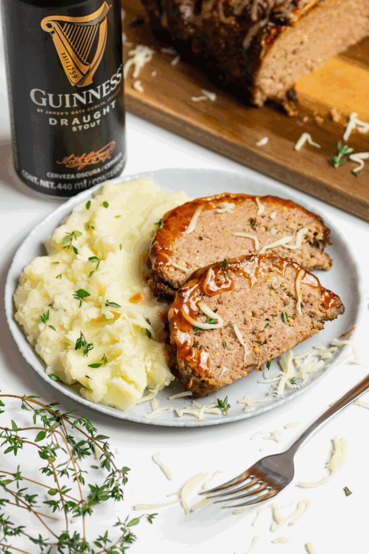 Air Fryer Guinness Cheddar Meatloaf with gooey cheddar and rich Guinness beer flavor.