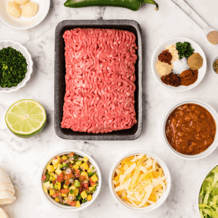 Ingredients needed for Air Fryer Meatloaf Stuffed Peppers on kitchen tablle.