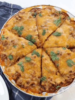 Air Fryer Mexican Lasagna with layers of seasoned beef, cheese, and tortillas.
