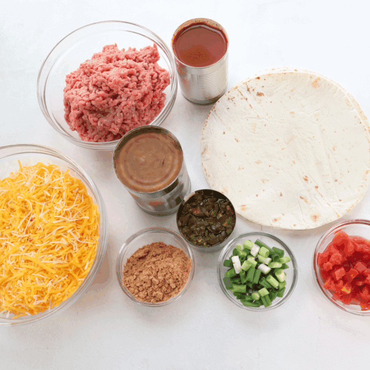 Ingredients needed for Air Fryer Mexican Lasagna Recipe on kitchen table.