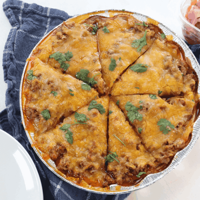 Air Fryer Mexican Lasagna with layers of seasoned beef, cheese, and tortillas.