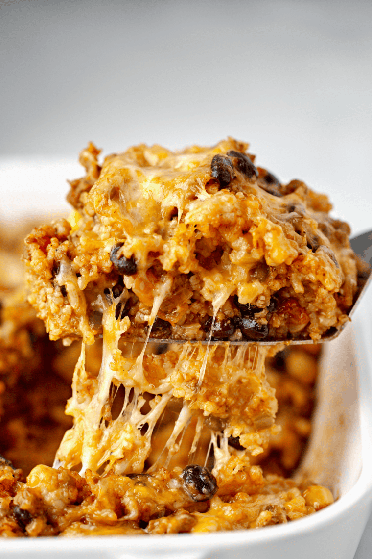 Air Fryer Mexican Rice Casserole with seasoned rice, beans, and cheese.