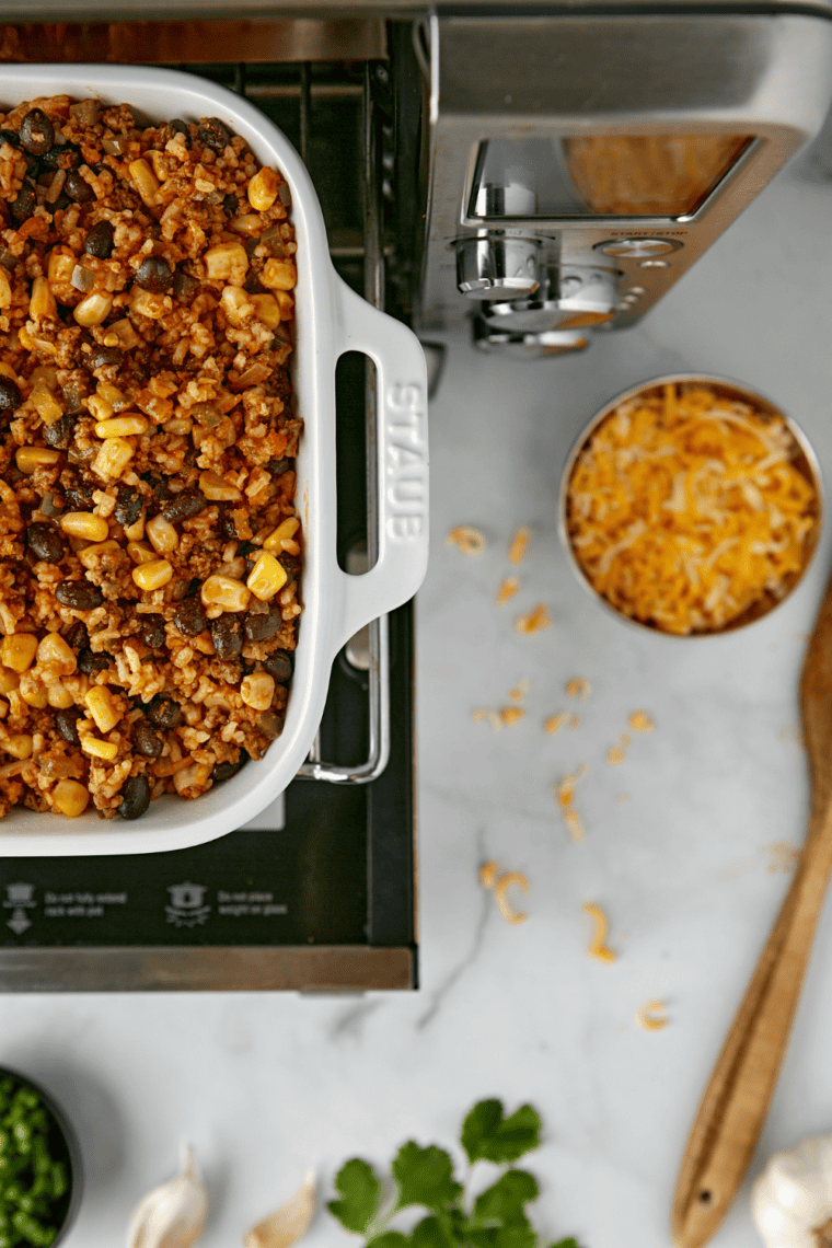 Air frying the casserole at 320°F, then melting cheese on top.