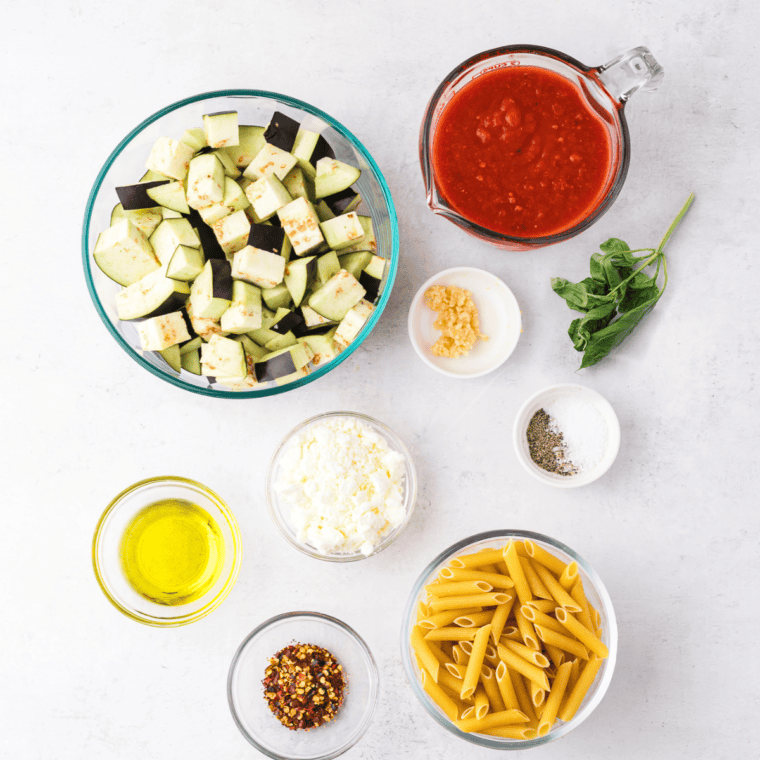 Ingredients needed for Air Fryer Pasta alla Norma on kitchen table.