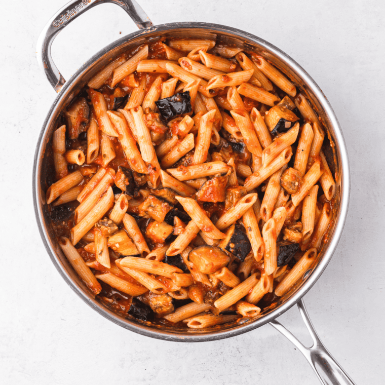 Cooked Pasta alla Norma in the frying pan or skillet.