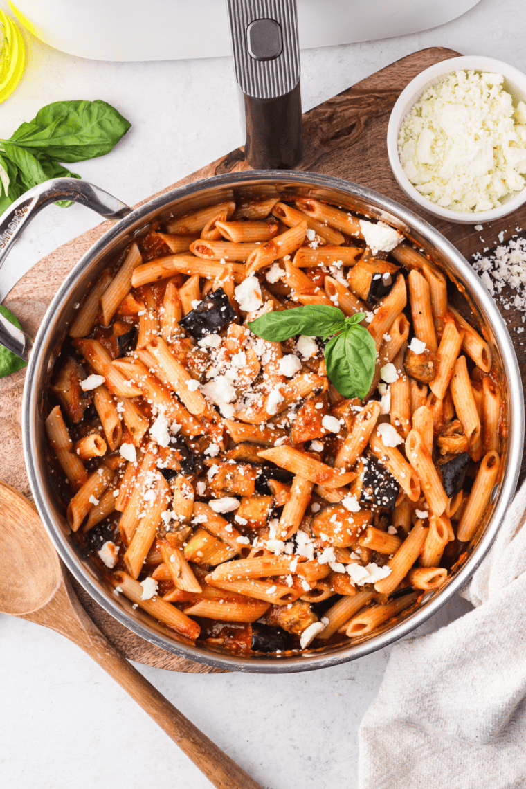 Air-fried crispy eggplant combined with pasta and marinara sauce for a flavorful and easy Air Fryer Pasta alla Norma.