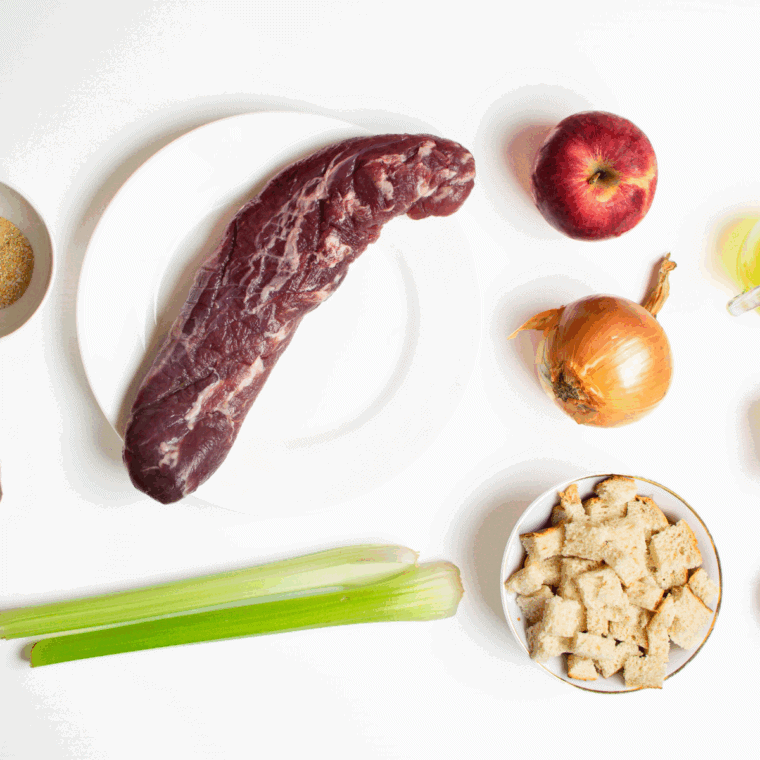 Ingredients needed for Air Fryer Pork Tenderloin with Apple Stuffing on kitchen table.