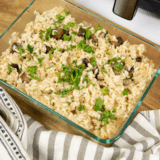Creamy risotto served in a bowl, cooked perfectly in the air fryer.